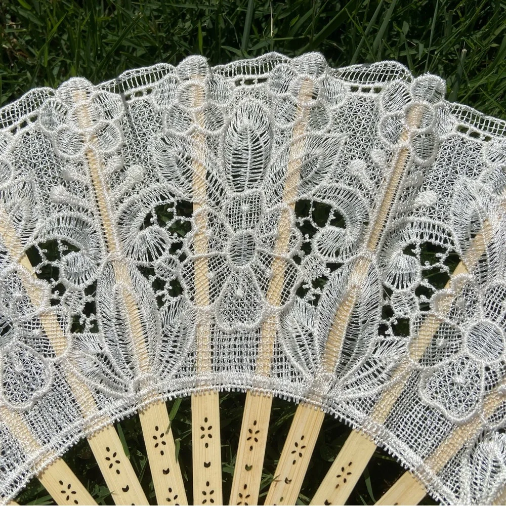 Ivory Lace Fan with Floral Design, Large Beige Lace Fan for Wedding Ceremony